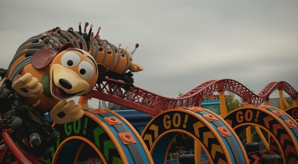 A close up of the beloved kids ride "Slinky Dog Dash" at Hollywood Studios in Disney World.